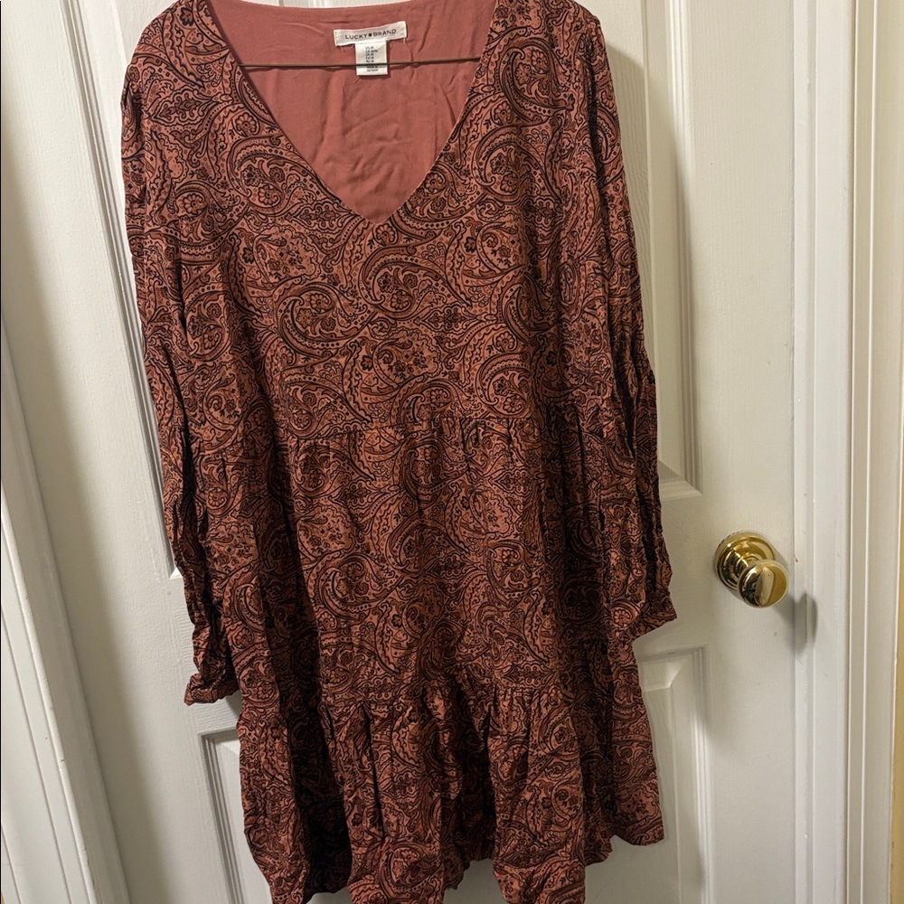 Lucky Brand Boho Paisley V-Neck Dress in Rust
